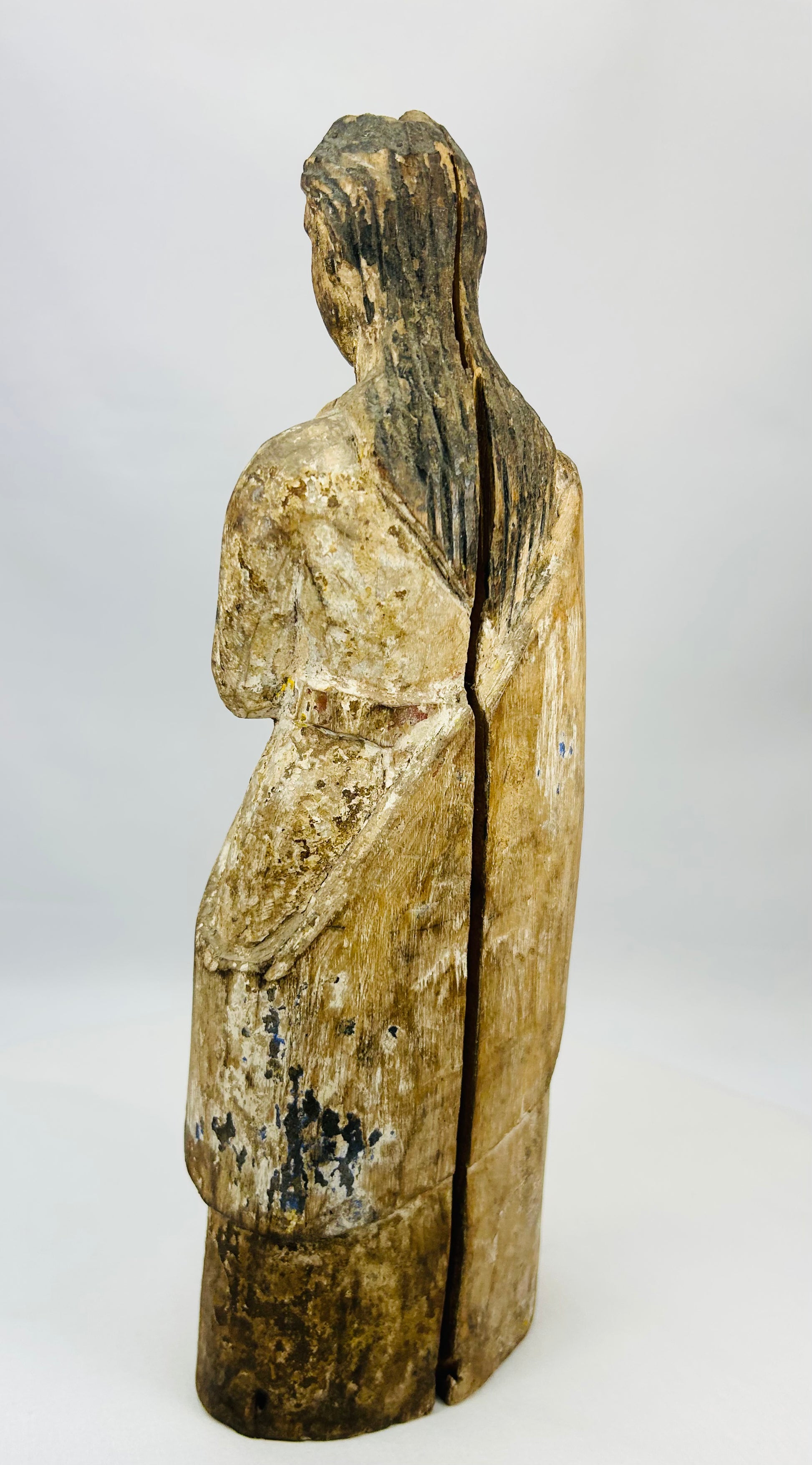 Spanish Colonial sacred devotional figure with original gesso and paint remnants