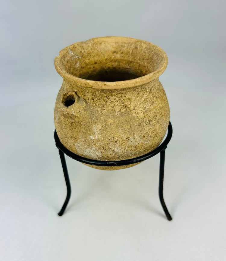 Ancient Roman terracotta household vessel with rounded body, flared rim, and authentic archaeological patina