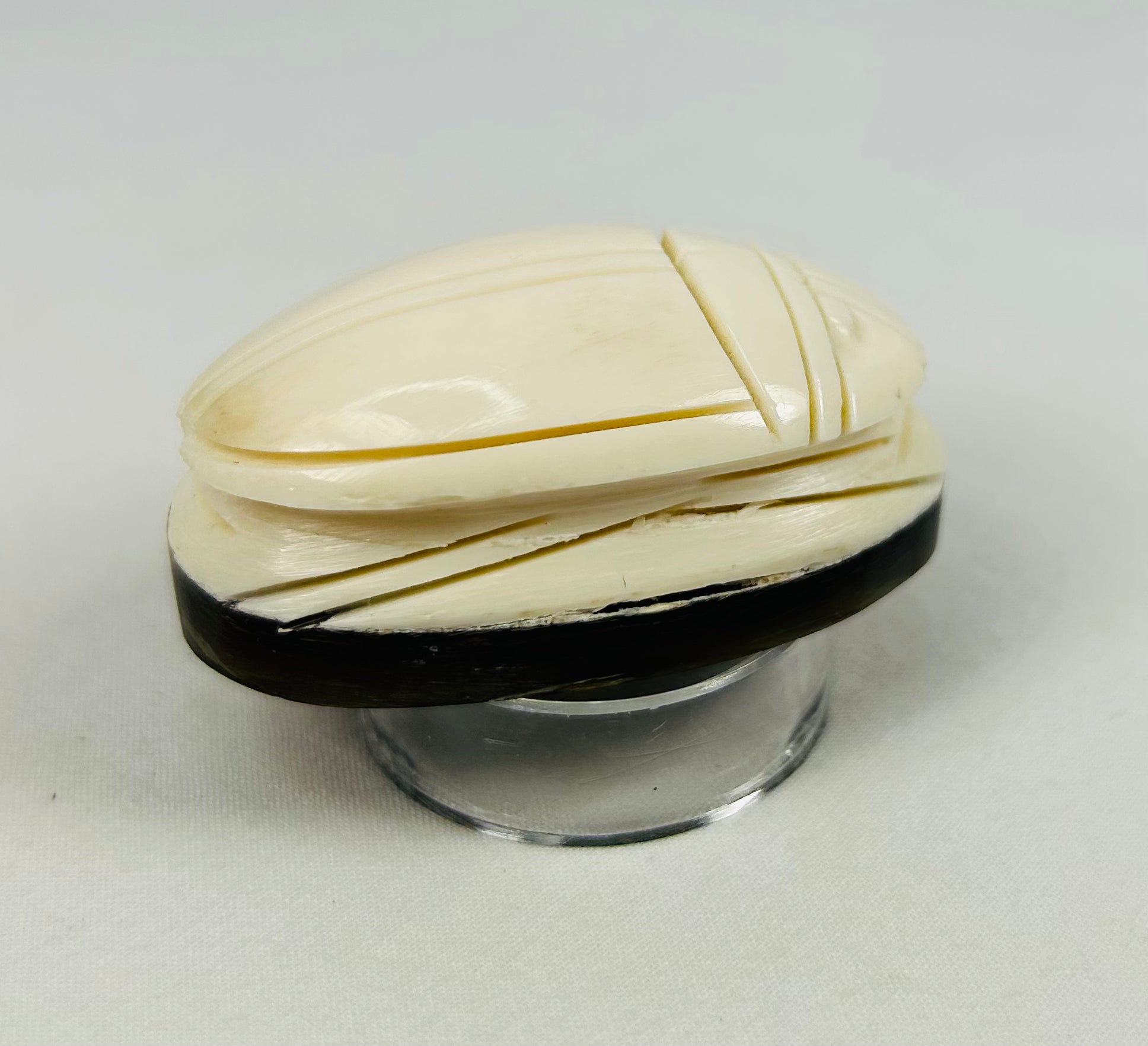 Three-quarter angled view of East Asian scarab carving with polished finish and engraved lines