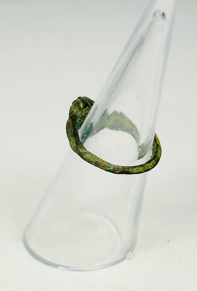 Rear view of 2nd-century Roman bronze ring showing sculpted shoulders and gemstone clarity