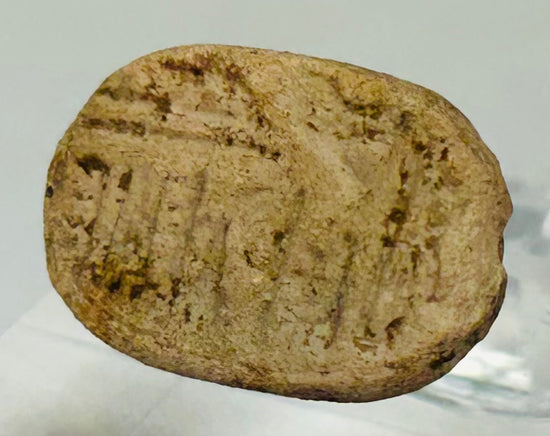 Historic Egyptian scarab amulet over 2,500 years old displayed on a museum-style stand