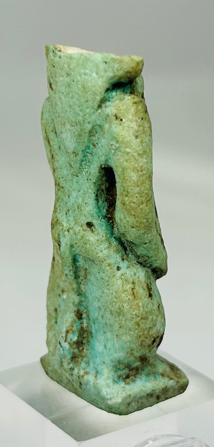 Authentic Late Period Egyptian faience amulet over 2,300 years old displayed upright