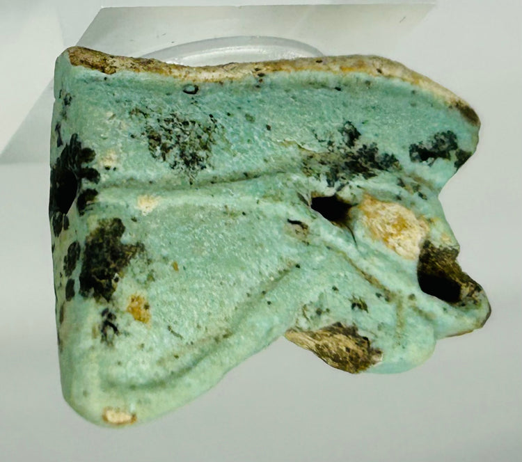 Side view of Ancient Egyptian Eye of Horus amulet fragment showing glaze loss and deposits