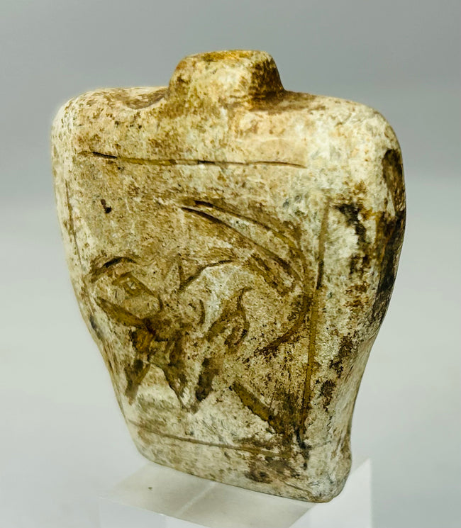 Museum-quality Near Eastern carved stone amulet with chalky burial toning