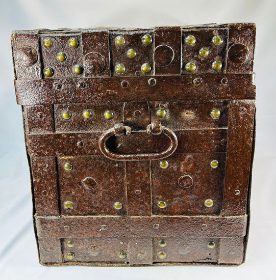 Collectors’ Iberian strongbox with iron plating, reinforced strapwork, brass studs, and visibly aged authentic patina
