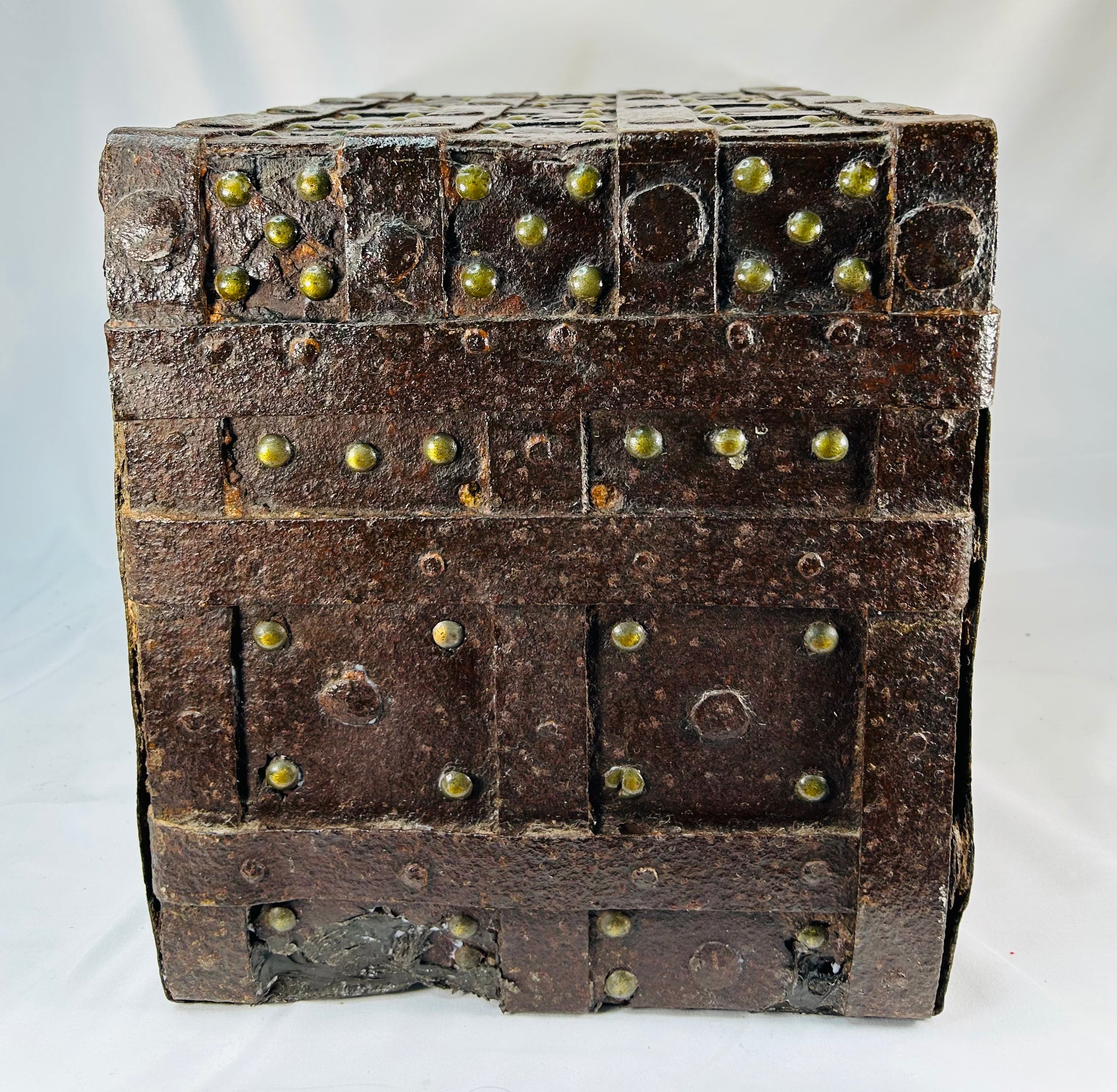 Renaissance-style iron strongbox with brass inscription plaque, raised front compartment, and historic European craftsmanship