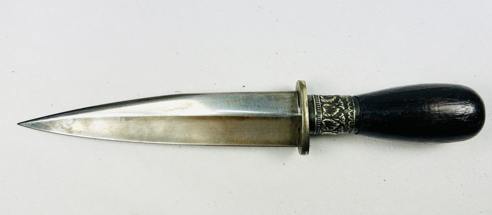 Velvet-bound hidden defense case with ornate mounts, fitted interior, pistol, dagger, and flask