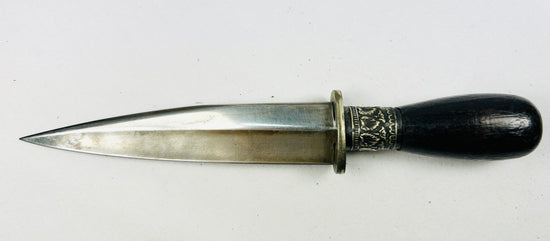 Velvet-bound hidden defense case with ornate mounts, fitted interior, pistol, dagger, and flask