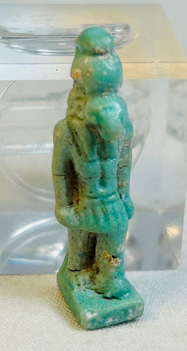 Authentic Late Period Egyptian Horus falcon-headed deity amulet in turquoise faience
