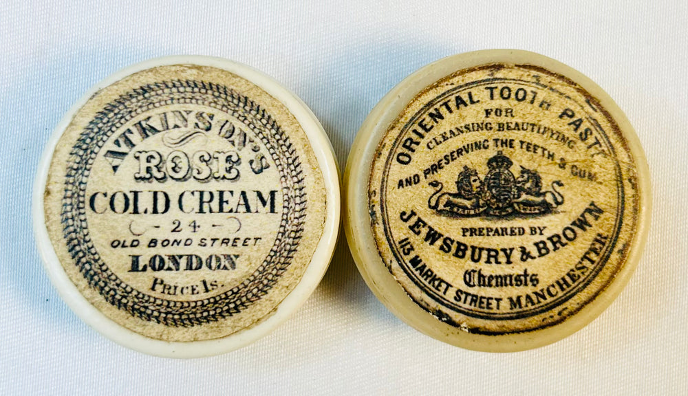 Victorian tooth paste and cold cream ceramic jars from antique medical chest