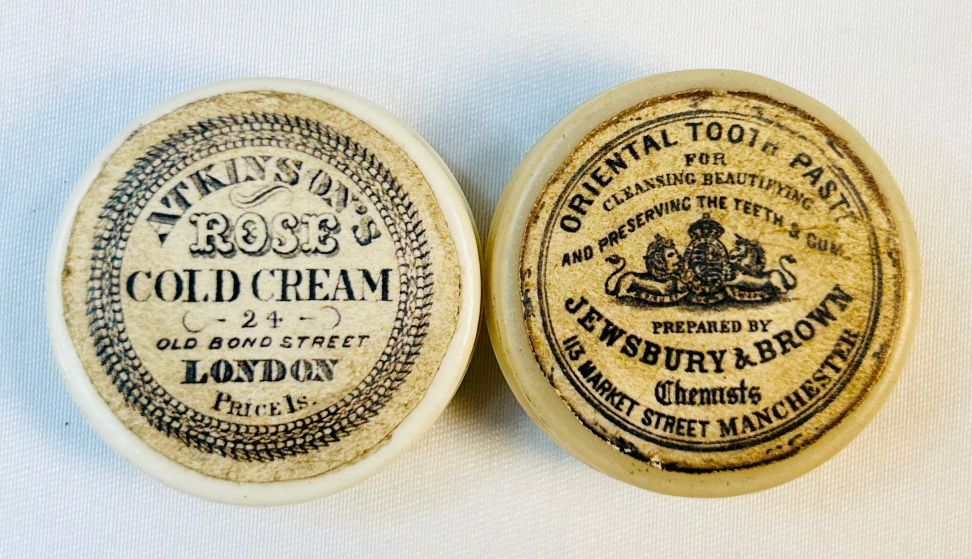 Victorian tooth paste and cold cream ceramic jars from antique medical chest