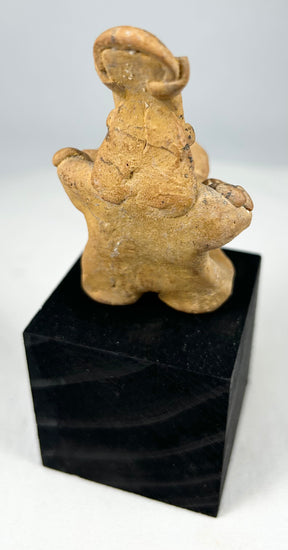 Authentic ancient West Mexico terracotta effigy of a drummer with headdress, necklace, and ritual symbolism