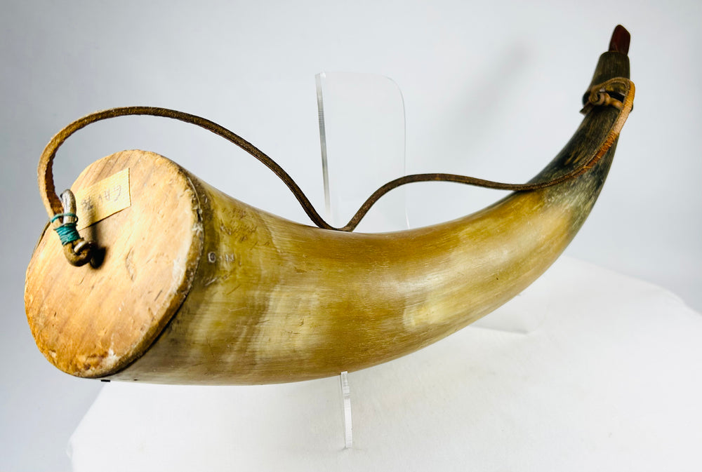 Victorian era North American powder horn accessory with polished bovine horn body and warm patina