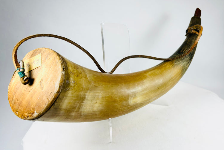 Victorian era North American powder horn accessory with polished bovine horn body and warm patina
