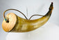 Victorian era North American powder horn accessory with polished bovine horn body and warm patina