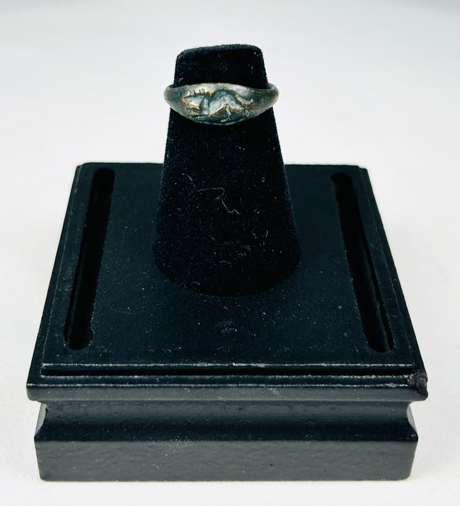 Authentic Roman Empire bronze ring featuring rodent design in relief with aged surface wear