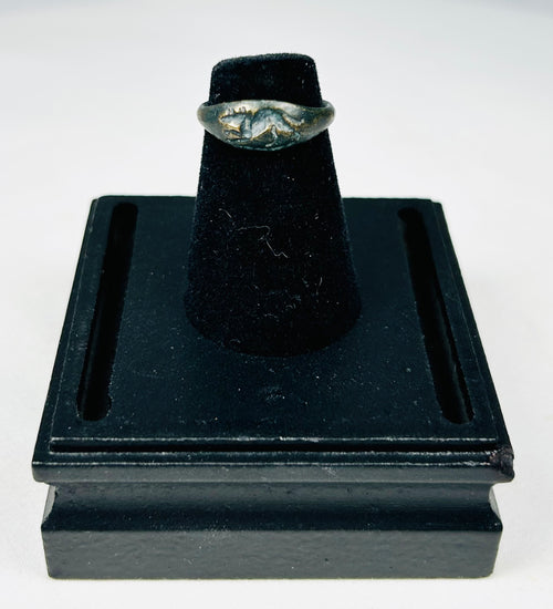 Authentic Roman Empire bronze ring featuring rodent design in relief with aged surface wear