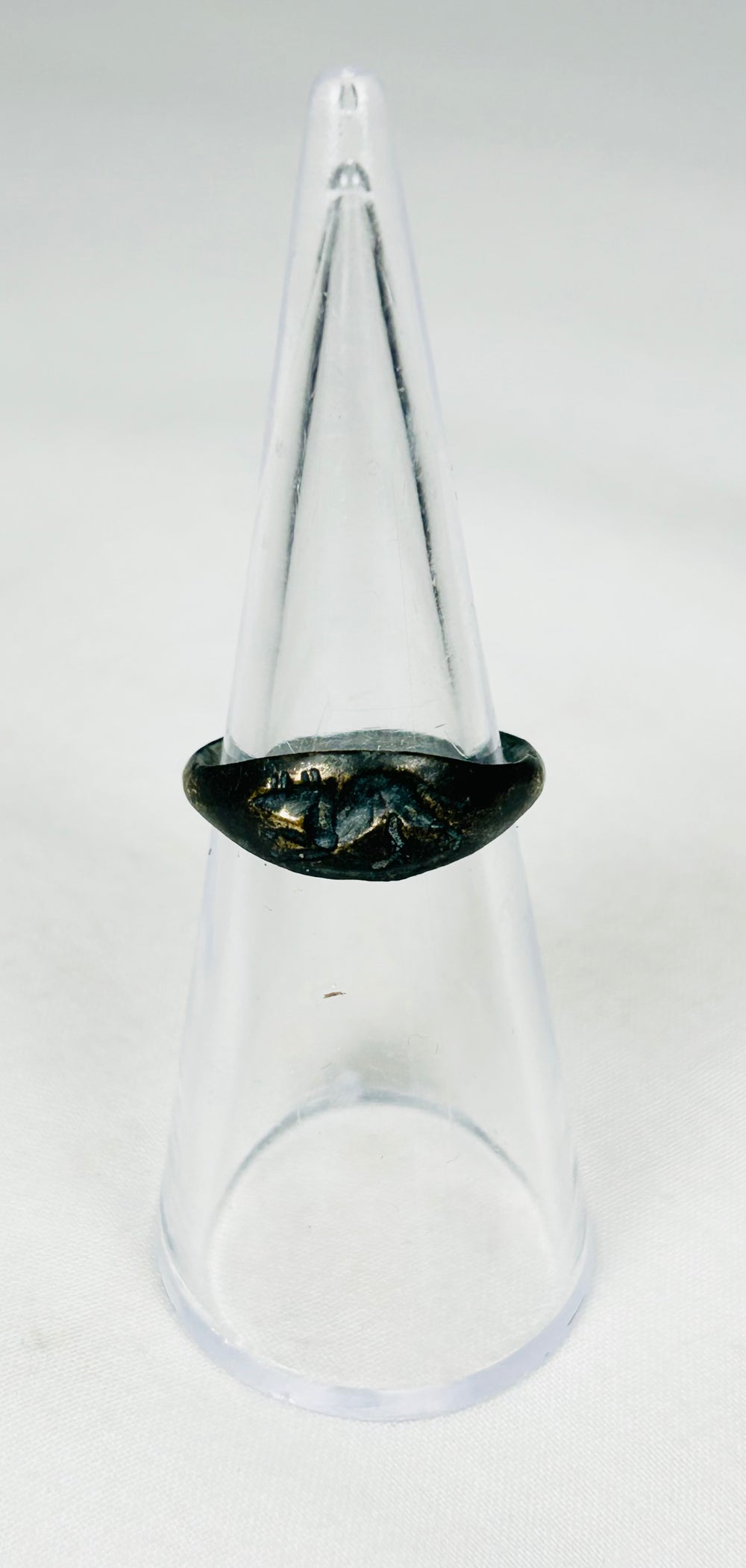 Ancient Roman bronze talisman ring with small mouse depiction and deep burial patina