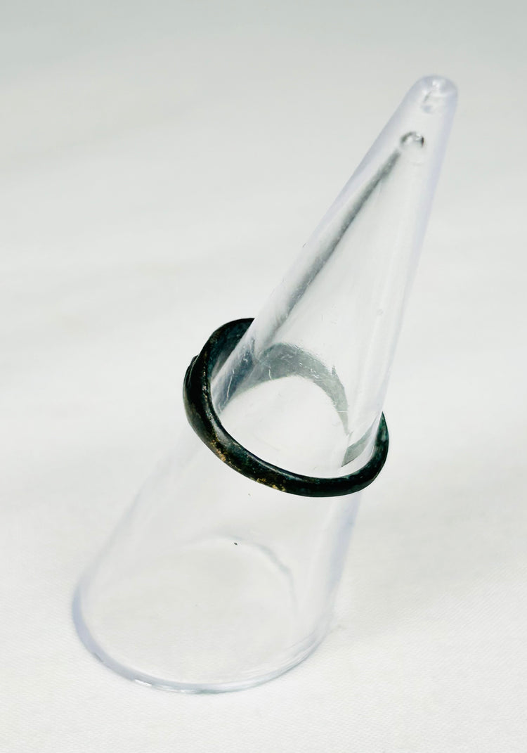 Museum-quality ancient Roman bronze ring showing raised animal figure and historic patina