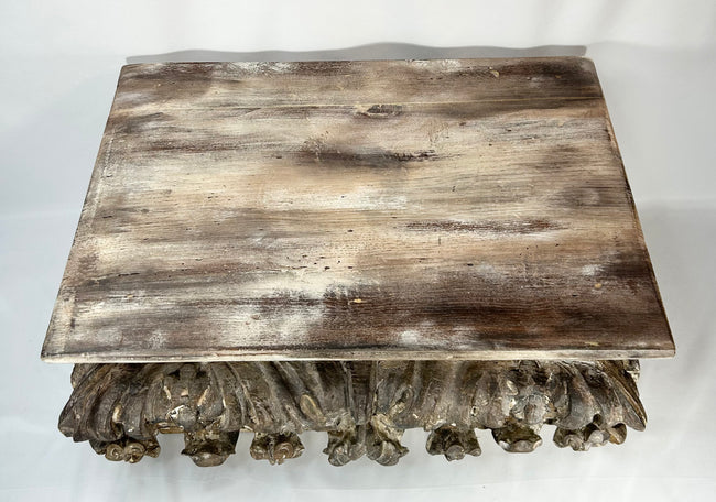 Southern European Baroque style wood pedestal with acanthus scroll carving and aged patina