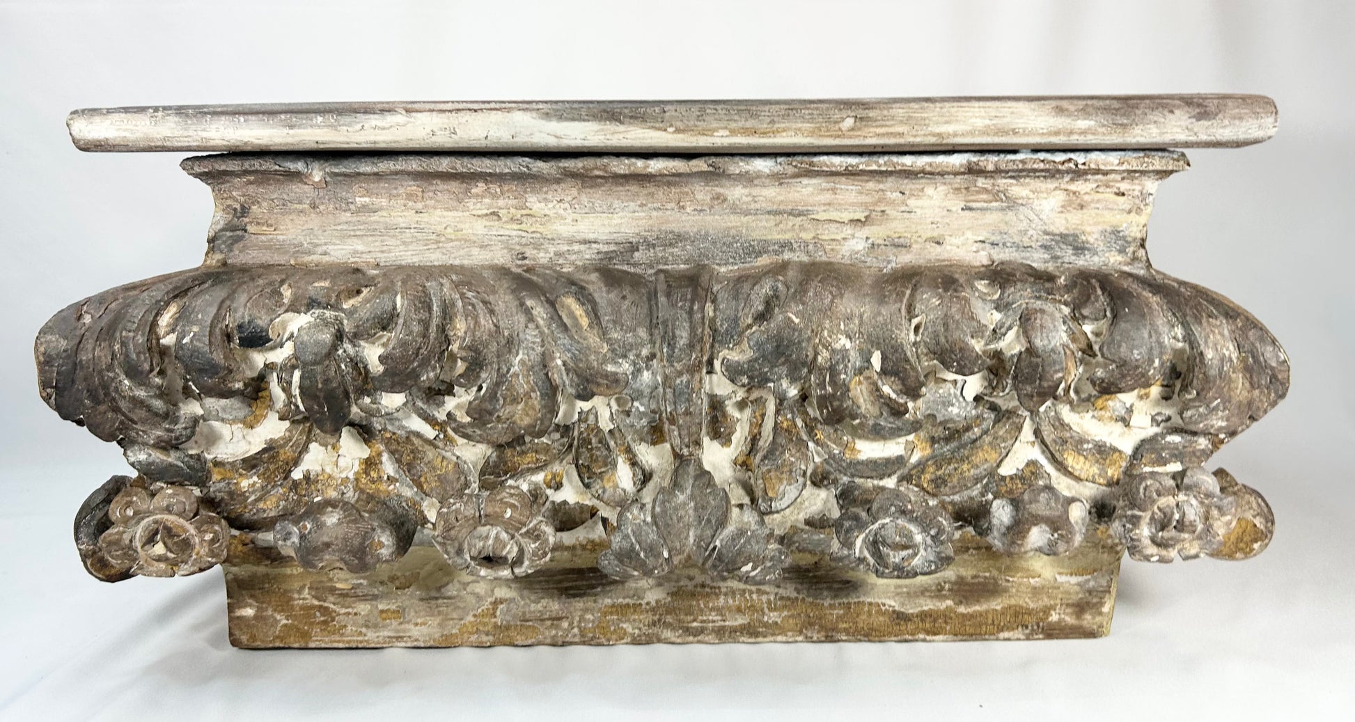 Antique Italian or Spanish carved wood fragment with gesso, gilding, and decorative relief