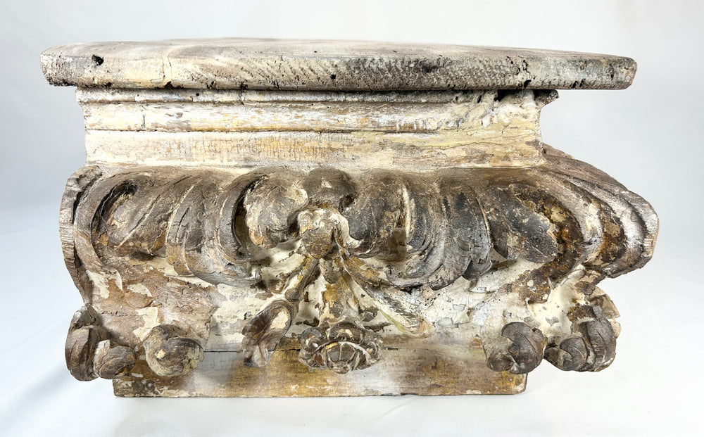 Hand-carved antique wood architectural ornament with deep relief carving and distressed finish