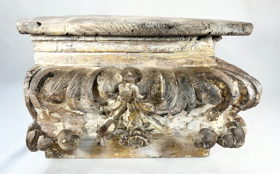 Hand-carved antique wood architectural ornament with deep relief carving and distressed finish