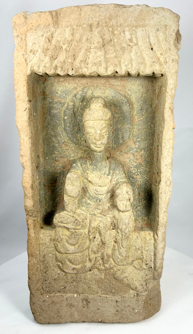 Early Chinese Buddhist terracotta brick with haloed Buddha figure