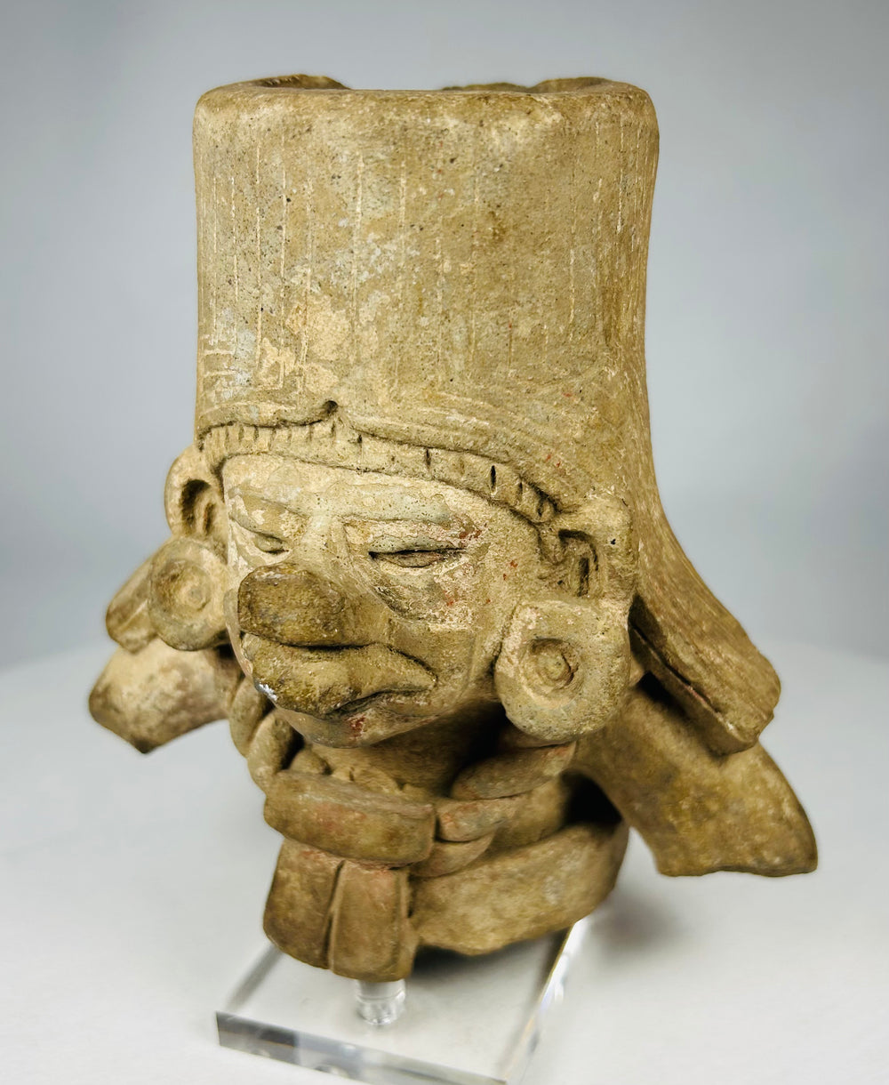 West Mexican ritual terracotta head with tall cylindrical headdress
