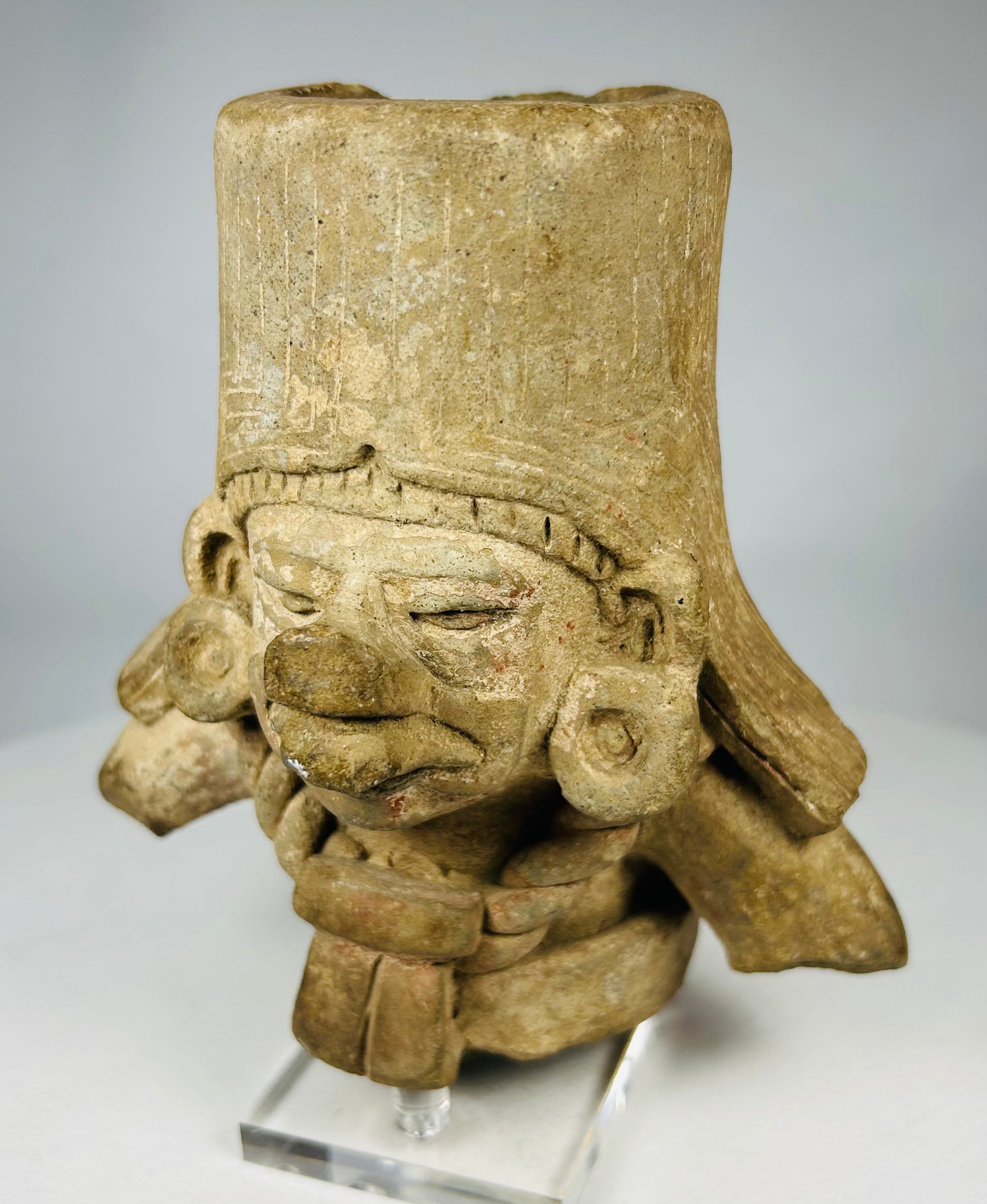 West Mexican ritual terracotta head with tall cylindrical headdress