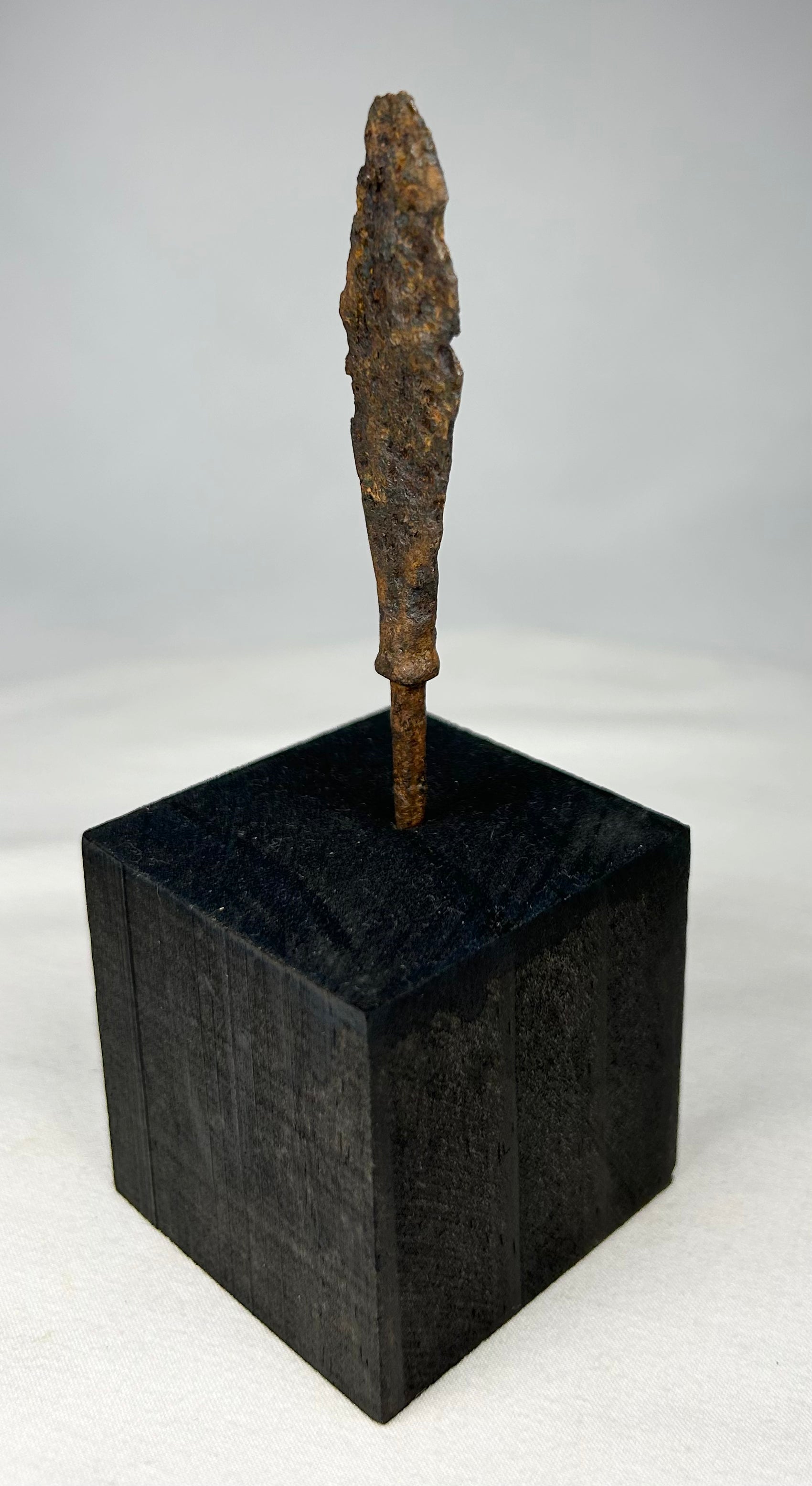 Side profile of ancient European iron weapon point displayed vertically