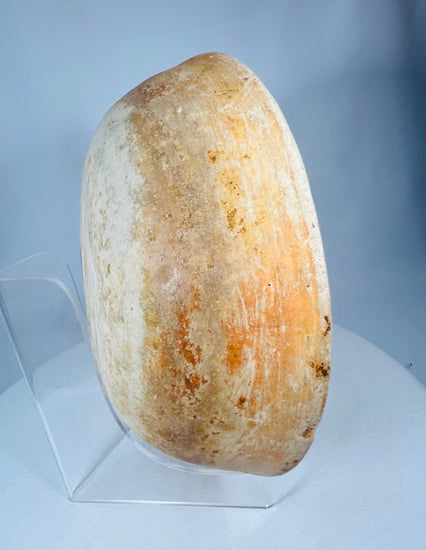 Archaeological Pre-Columbian ceramic bowl with abstract painted motifs and mineral deposits.