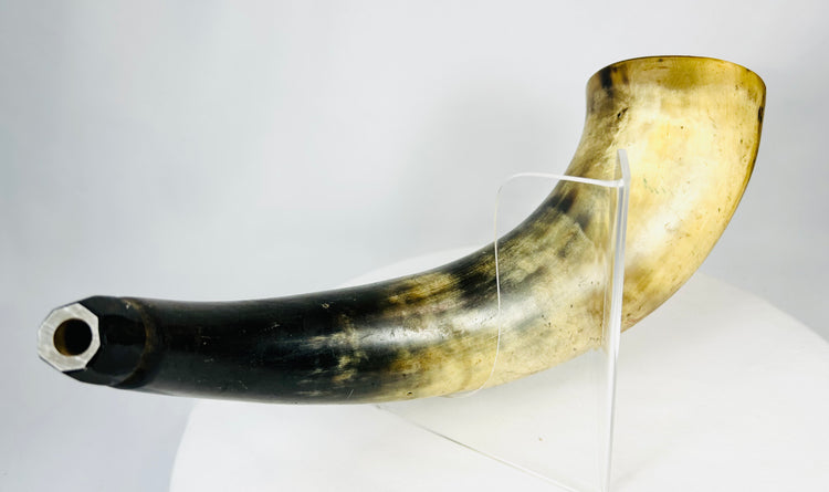 Rear view of antique powder horn with wooden base plug and iron suspension ring