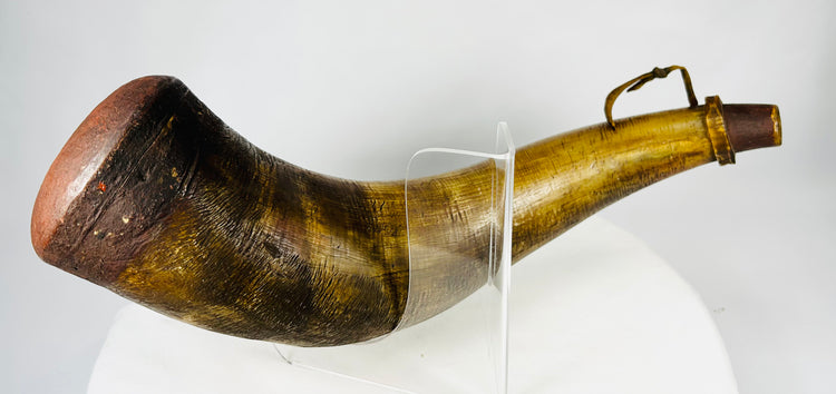 Museum-labeled antique powder horn from early firearms period