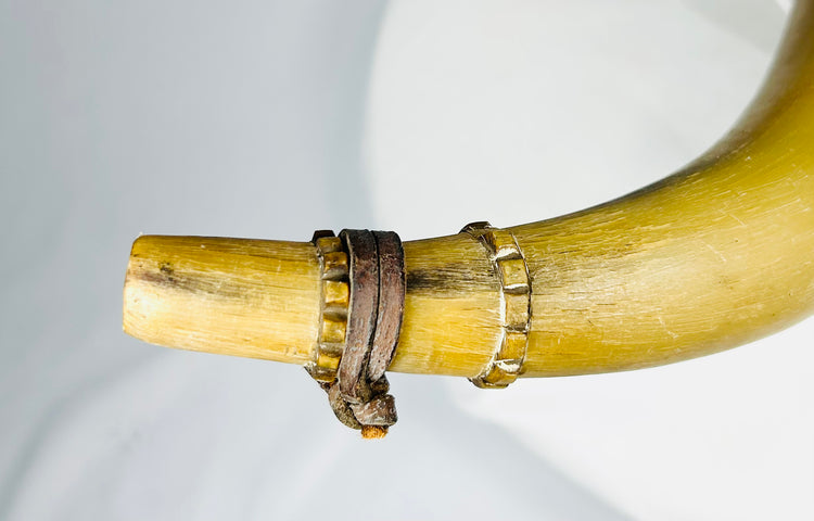 Antique horn powder vessel with wooden base plug and suspension cord