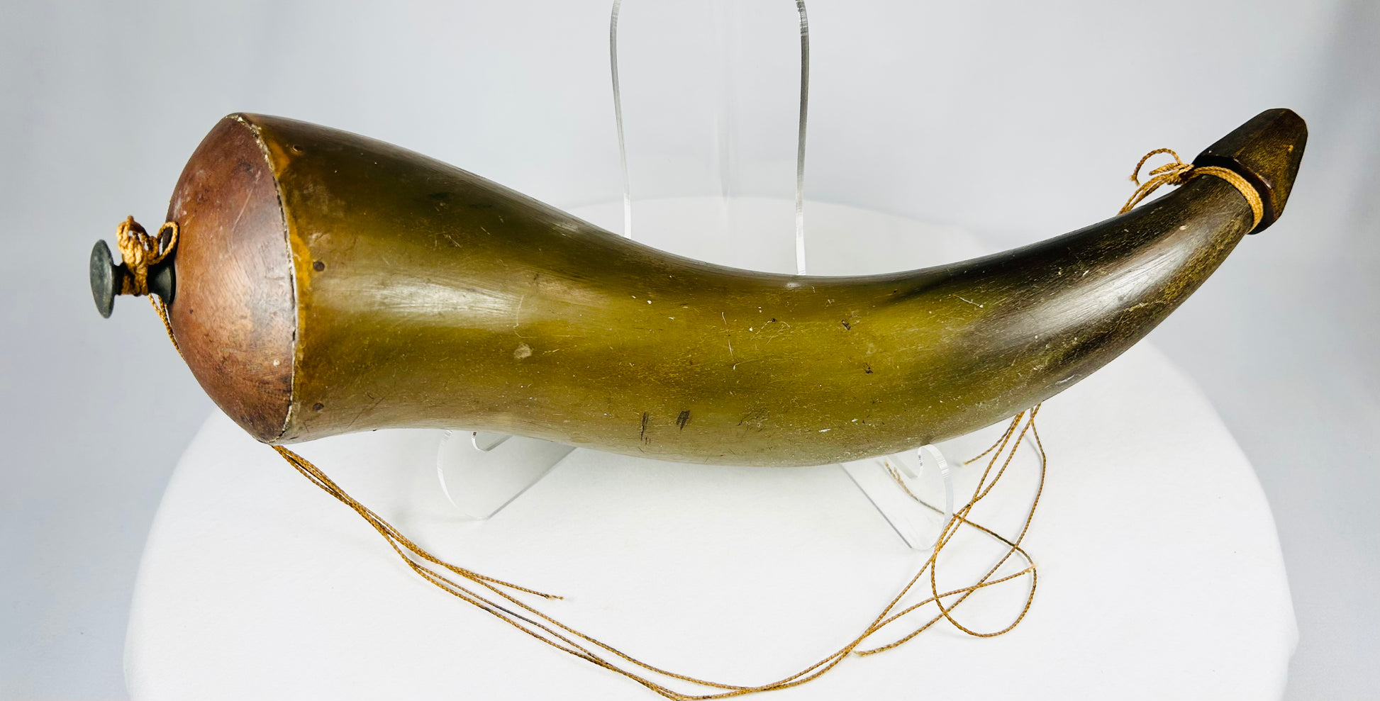 Historic horn container with original wooden plug and aged patina