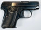 FN Browning Model 1906 highlighting worn grip checkering, an oval FN emblem, and silvered edges on the steel frame.