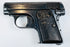 Deactivated Browning Model 1906 displaying slide lettering, deep slide serrations, and an enlarged manual safety lever.