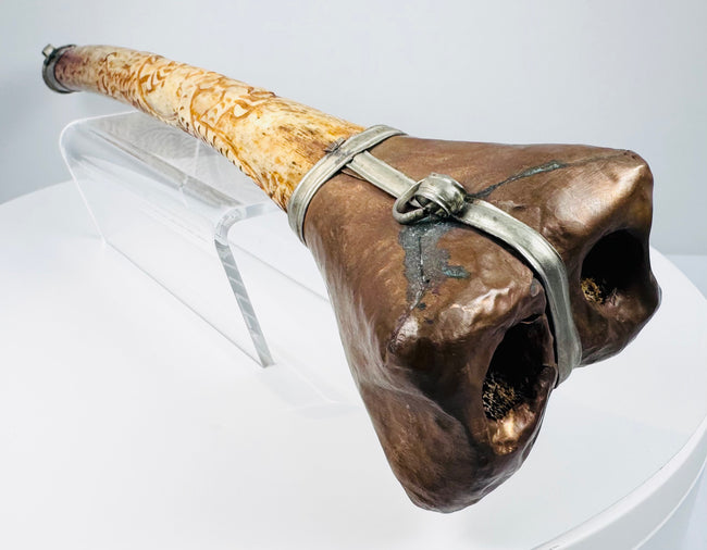 Antique Vajrayana Buddhist kangling human bone trumpet with sculptural dragon carving and ritual symbolism