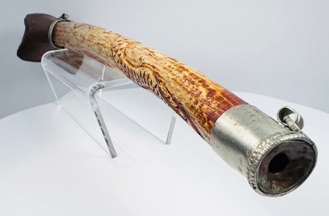 Tibetan human femur bone kangling with decorated shaft and traditional metal terminal components