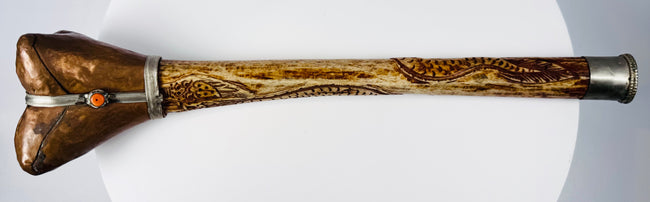 Late 19th century Tibetan Buddhist kangling ritual trumpet with carved human femur bone and ornamental metalwork