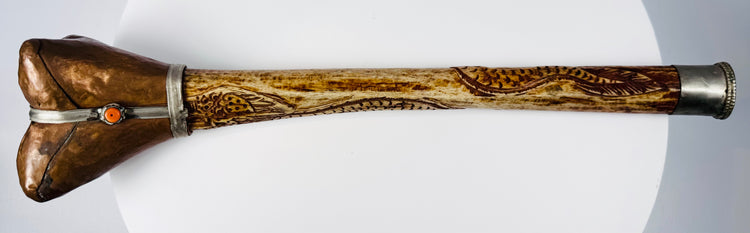 Late 19th century Tibetan Buddhist kangling ritual trumpet with carved human femur bone and ornamental metalwork