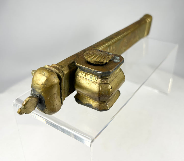 Bronze Ottoman divit with integrated inkwell, Middle Eastern calligraphy tool