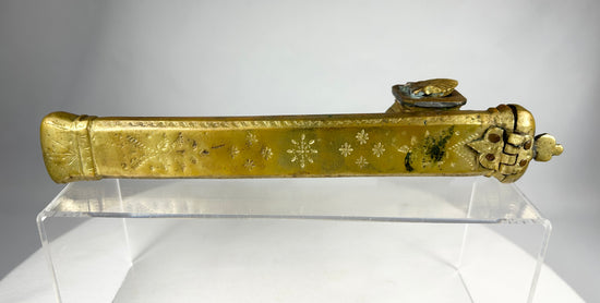 Close-up of engraved Ottoman bronze divit writing case with aged patina