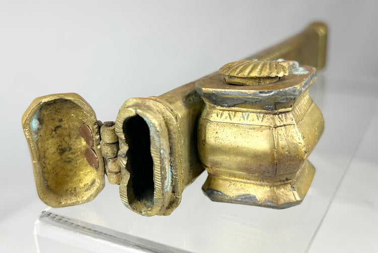 Museum-quality Ottoman bronze travelling writing instrument with inkwell
