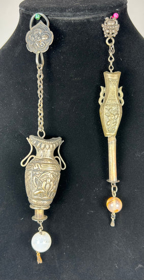 Antique Chinese silver chain ornament with jade and agate beads