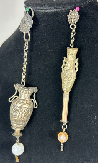 Antique Chinese silver suspended personal ornament with vessel-form pendant and bead terminal, circa 1900