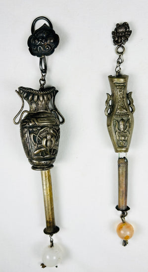 Pair of antique Chinese silver belt ornaments with decorative chains and beads