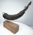 Carved Tibetan ceremonial horn with curved body, dark natural patina, and symbolic makara head at the tip.