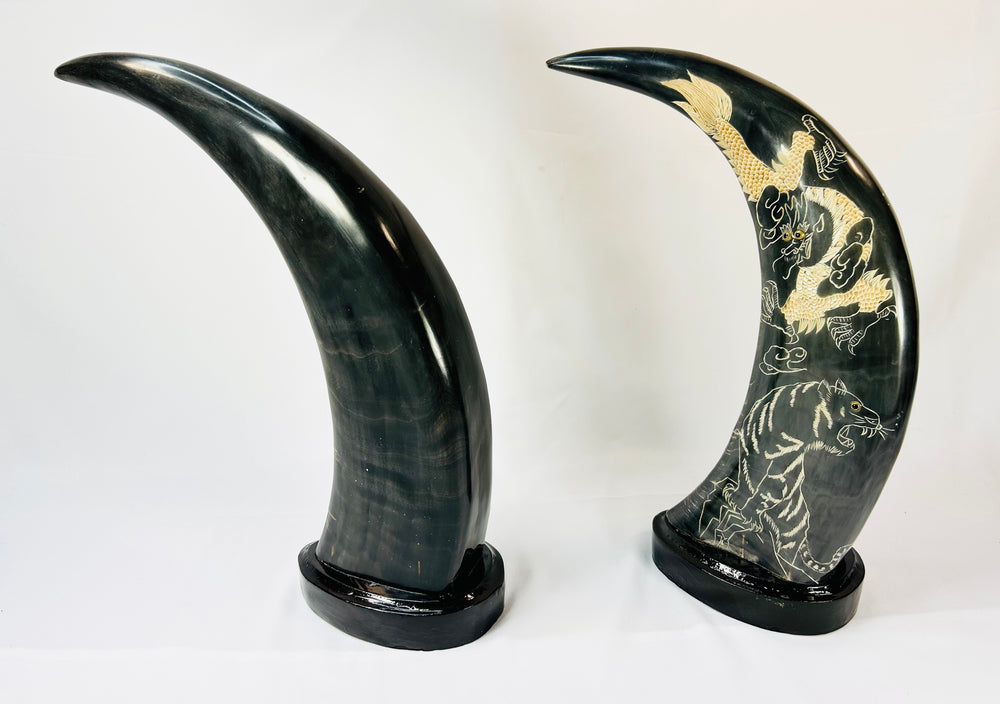 East Asian horn sculptures, 1960–1980, gold-painted dragons and tigers, mirrored composition on lacquered stands